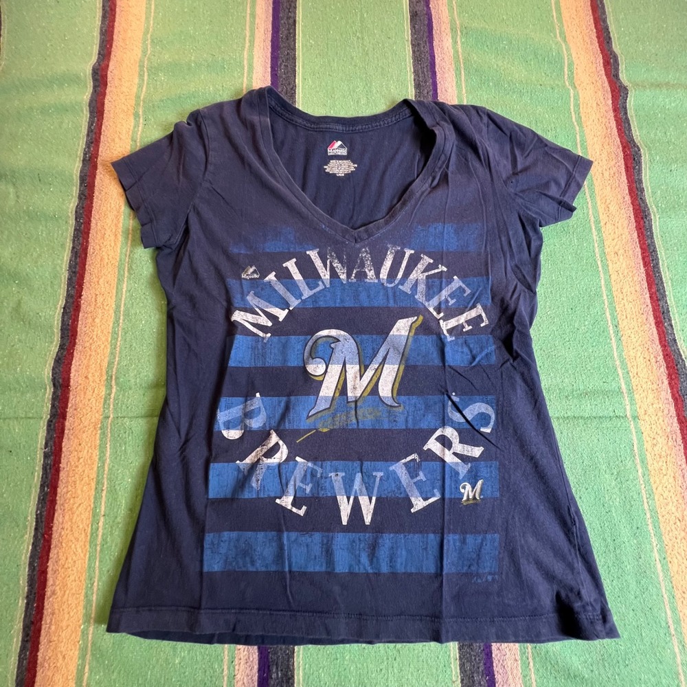 Majestic Milwaukee Brewers T-Shirt Womens L Navy Blue V-Neck Graphic MLB Tee